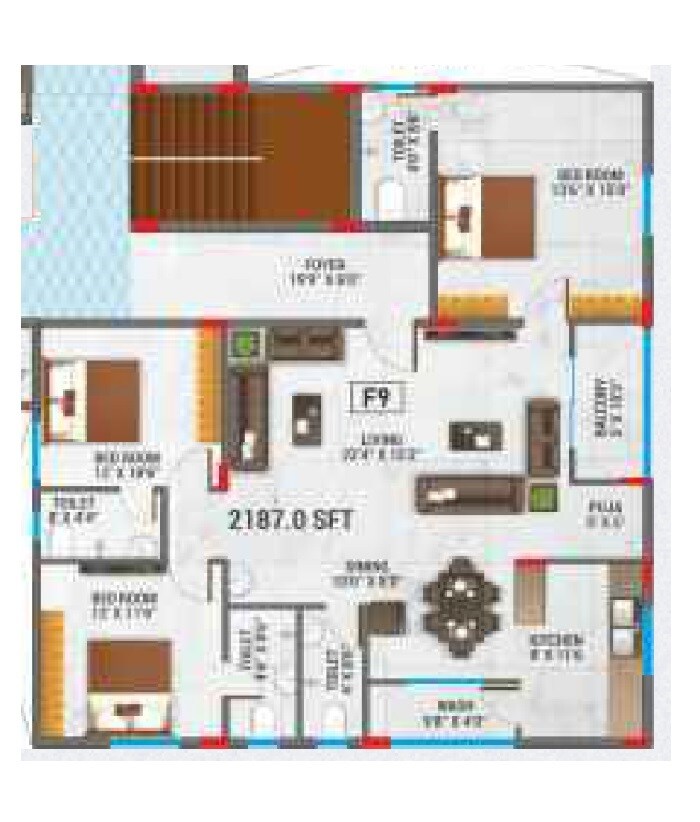 Floor plan of 3 BHK 2187 Sq. Ft. Apartment in Sri Tirumala Millenium, Hyderabad