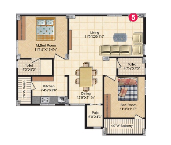 Floor plan of 2 BHK 1235 Sq. Ft. Apartment in Sri Tirumalas Vidya Vihar, Hyderabad