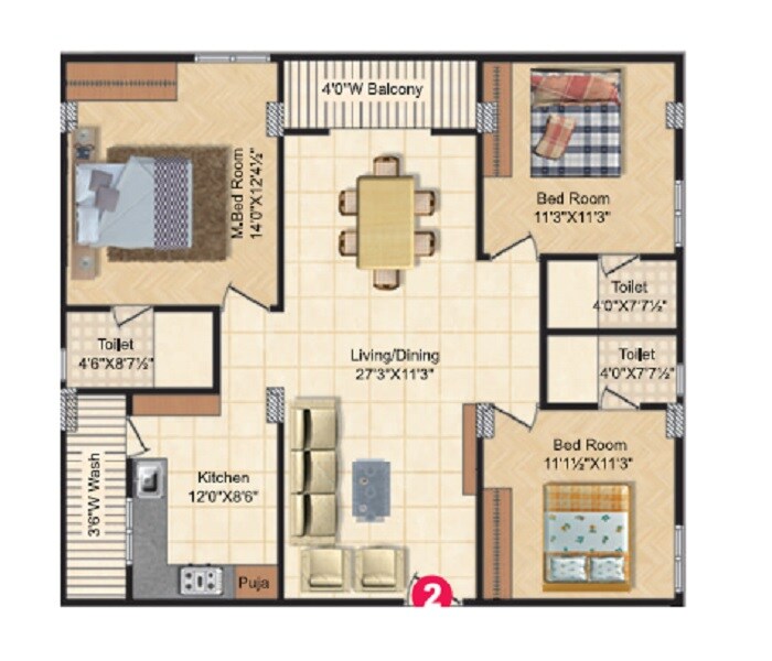 Floor plan of 3 BHK 1480 Sq. Ft. Apartment in Sri Tirumalas Vidya Vihar, Hyderabad