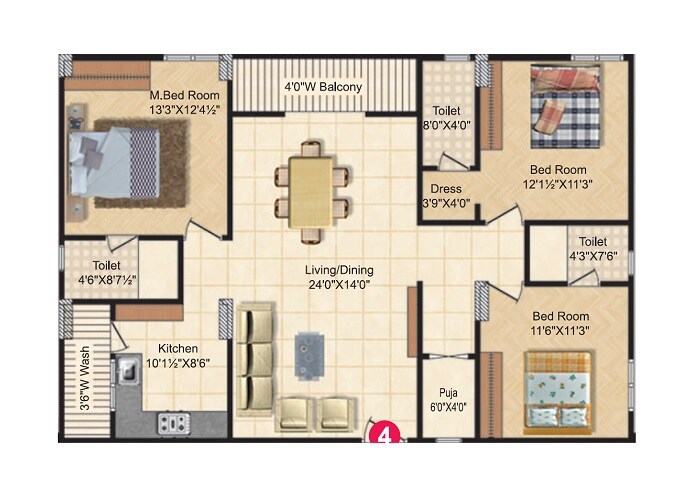 Floor plan of 3 BHK 1605 Sq. Ft. Apartment in Sri Tirumalas Vidya Vihar, Hyderabad