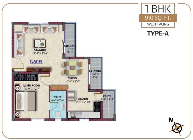 Floor plan of 1 BHK 910 Sq. Ft. Apartment in Sri Vaishnava Serene, Hyderabad