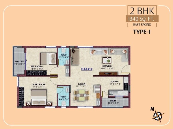 Floor plan of 2 BHK 1340 Sq. Ft. Apartment in Sri Vaishnava Serene, Hyderabad