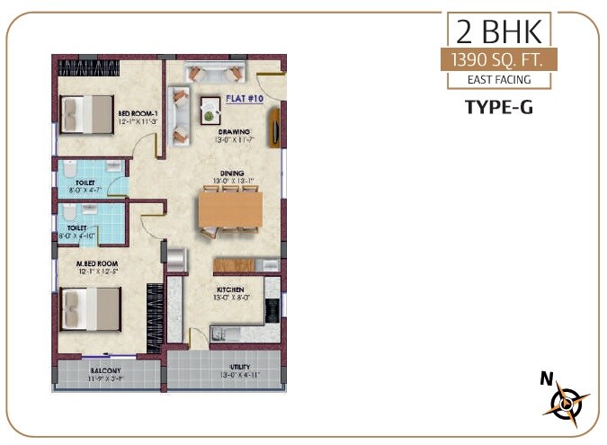 Floor plan of 2 BHK 1390 Sq. Ft. Apartment in Sri Vaishnava Serene, Hyderabad
