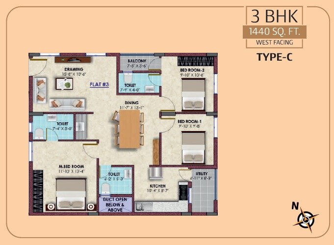Floor plan of 3 BHK 1440 Sq. Ft. Apartment in Sri Vaishnava Serene, Hyderabad