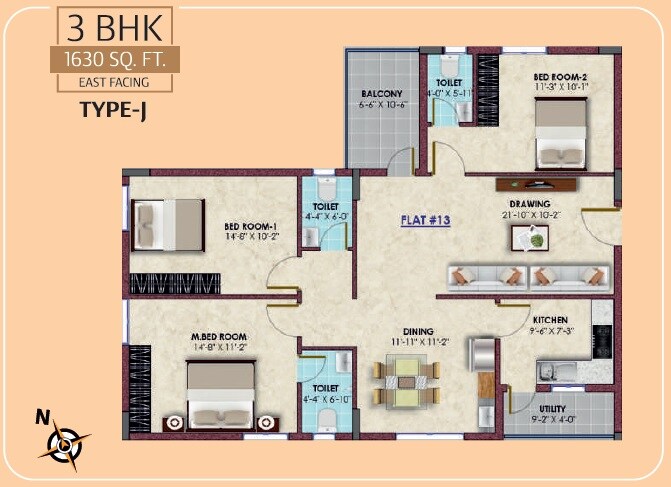 Floor plan of 3 BHK 1630 Sq. Ft. Apartment in Sri Vaishnava Serene, Hyderabad