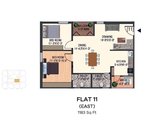 Floor plan of 2 BHK 1183 Sq. Ft. Apartment in Sri Vantage KVS Raju Towers, Hyderabad