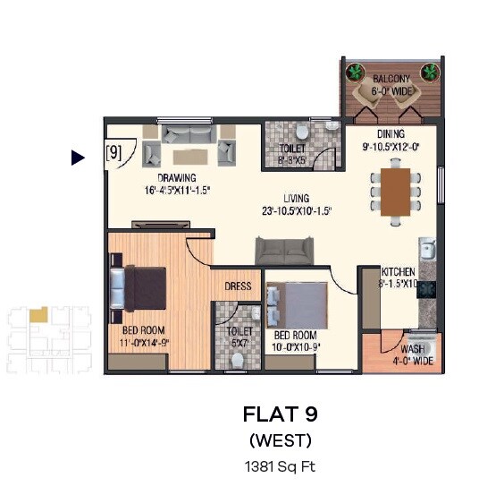 Floor plan of 2 BHK 1381 Sq. Ft. Apartment in Sri Vantage KVS Raju Towers, Hyderabad