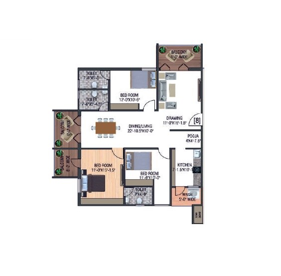 Floor plan of 3 BHK 1479 Sq. Ft. Apartment in Sri Vantage KVS Raju Towers, Hyderabad