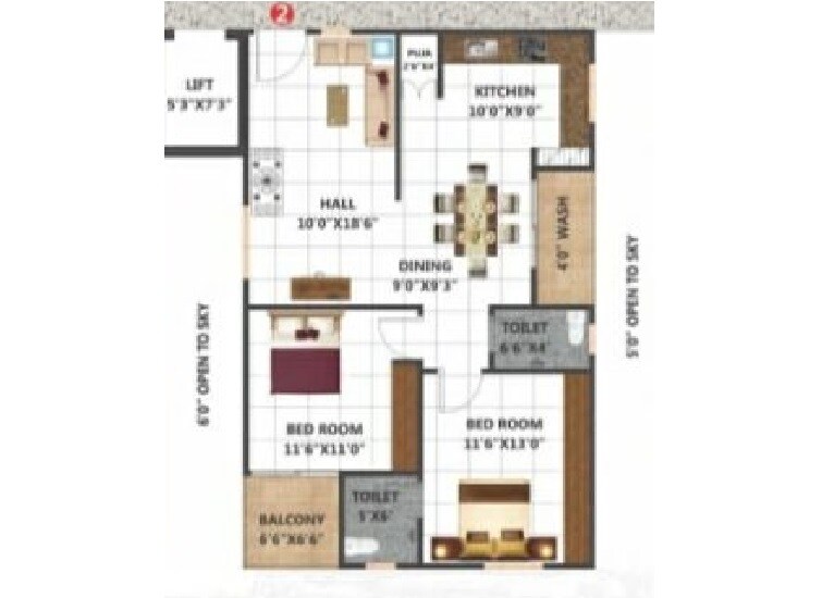 Floor plan of 2 BHK 1125 Sq. Ft. Apartment in Sri Vasista Residency, Hyderabad