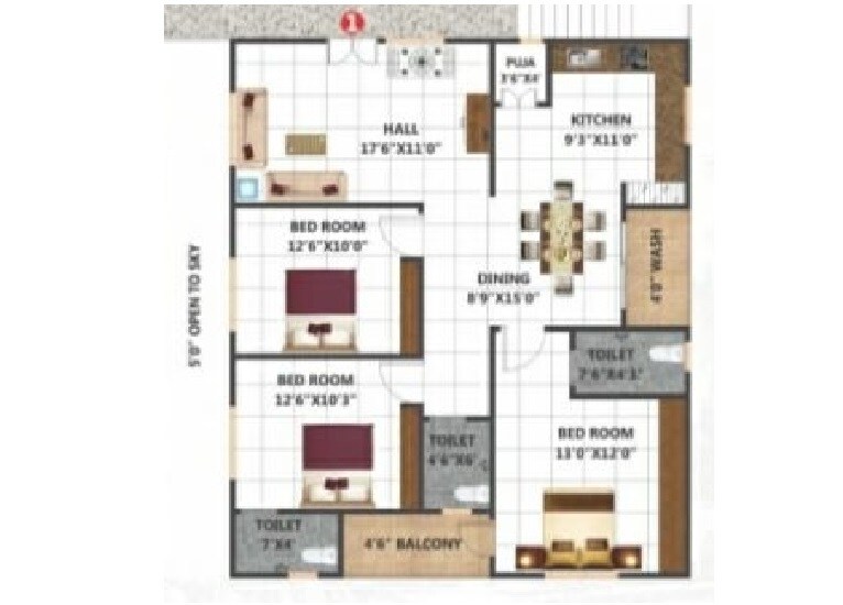 Floor plan of 3 BHK 1475 Sq. Ft. Apartment in Sri Vasista Residency, Hyderabad