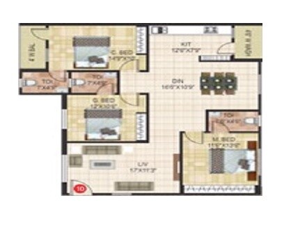 Floor plan of 3 BHK 1686 Sq. Ft. Apartment in Sri Vathsa Sky Heaven, Hyderabad
