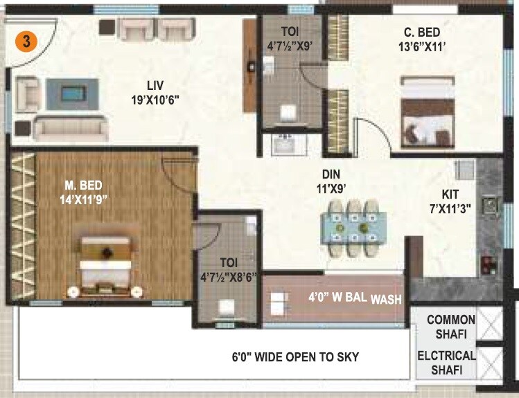 Floor plan of 2 BHK 1297 Sq. Ft. Apartment in Sri Vathsa Sterling Abode, Hyderabad