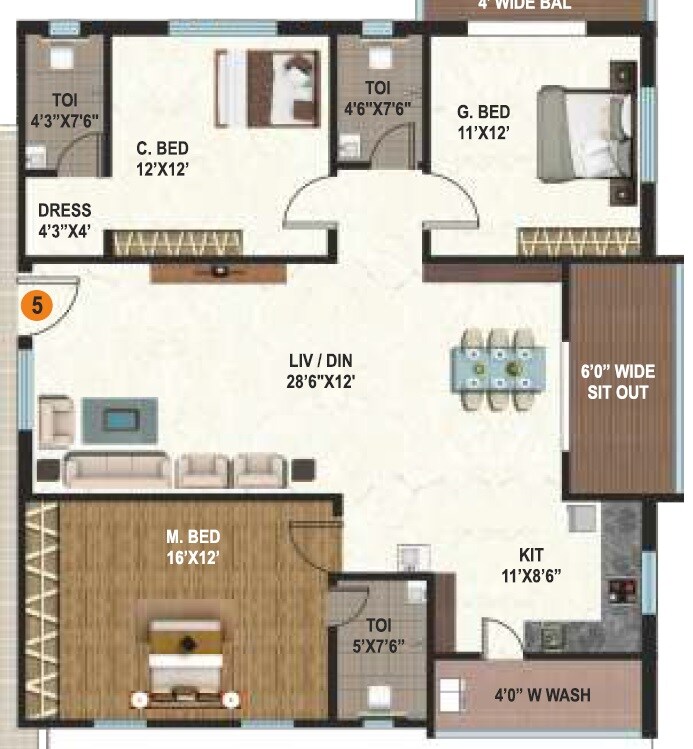 Floor plan of 3 BHK 1545 Sq. Ft. Apartment in Sri Vathsa Sterling Abode, Hyderabad