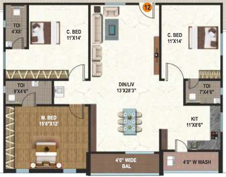 Floor plan of 3 BHK 1697 Sq. Ft. Apartment in Sri Vathsa Sterling Abode, Hyderabad