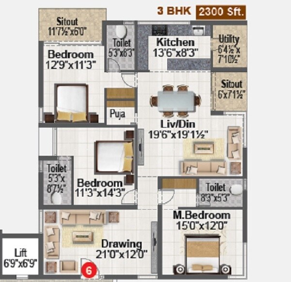 Floor plan of 3 BHK 2300 Sq. Ft. Apartment in Sri Venkateshwara Living Spaces, Hyderabad