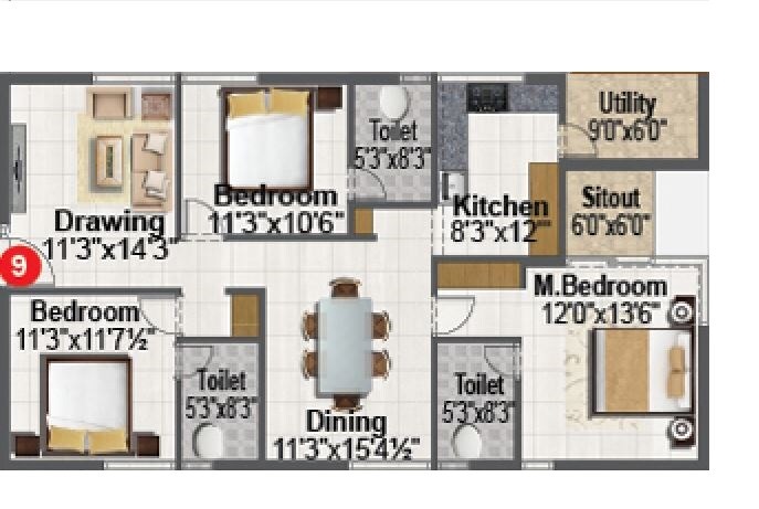 Floor plan of 3 BHK 1630 Sq. Ft. Apartment in Sri Venkateshwara Living Spaces, Hyderabad