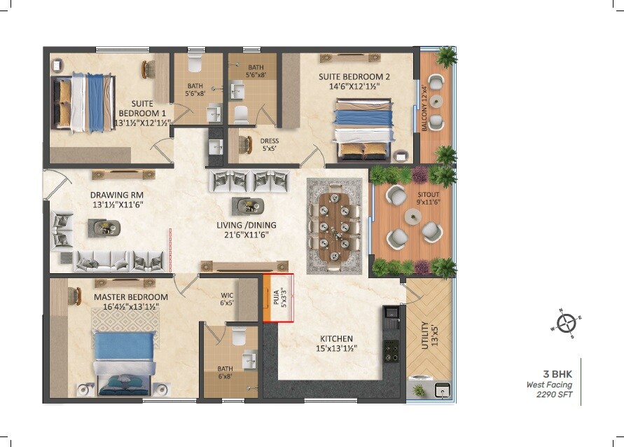 Floor plan of 3 BHK 2290 Sq. Ft. Apartment in Srias Iwa, Hyderabad