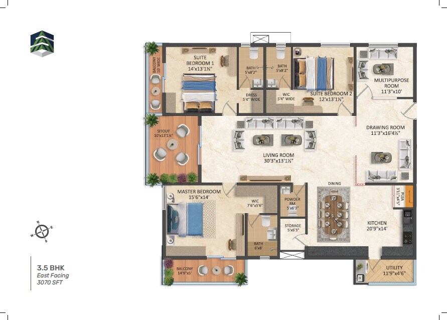 Floor plan of 3 BHK 3070 Sq. Ft. Apartment in Srias Iwa, Hyderabad