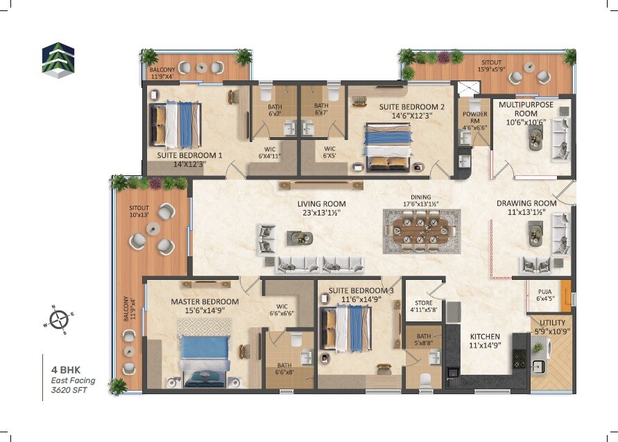 Floor plan of 4 BHK 3620 Sq. Ft. Apartment in Srias Iwa, Hyderabad