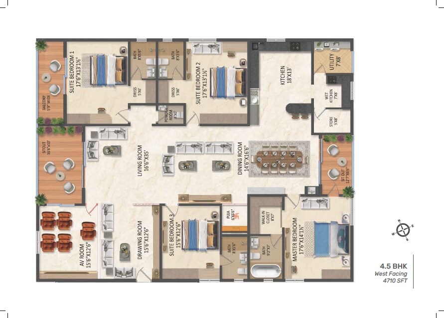Floor plan of 4 BHK 4710 Sq. Ft. Apartment in Srias Iwa, Hyderabad