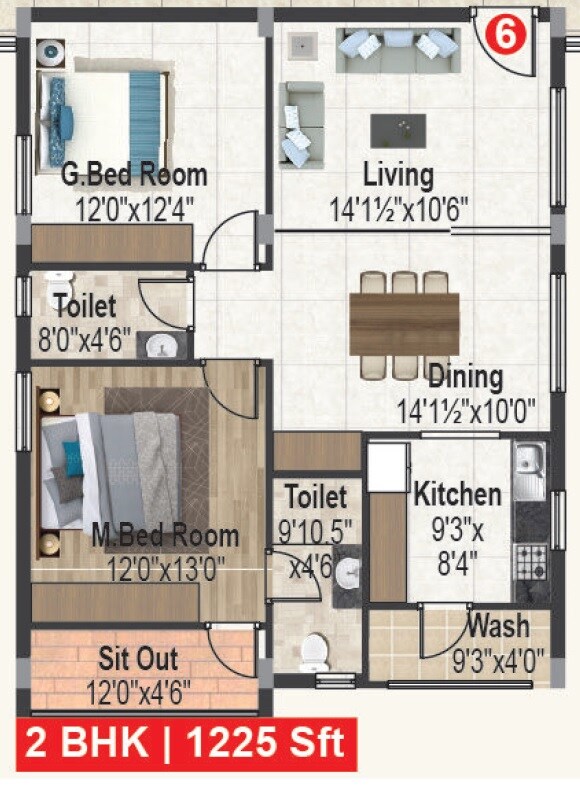 Floor plan of 2 BHK 1225 Sq. Ft. Apartment in Srigdhas Rising East, Hyderabad