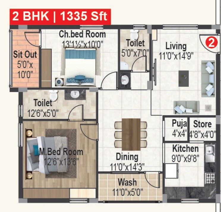 Floor plan of 2 BHK 1335 Sq. Ft. Apartment in Srigdhas Rising East, Hyderabad