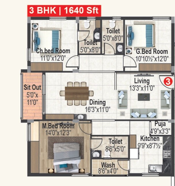 Floor plan of 3 BHK 1640 Sq. Ft. Apartment in Srigdhas Rising East, Hyderabad