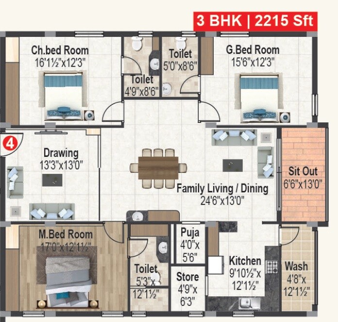 Floor plan of 3 BHK 2115 Sq. Ft. Apartment in Srigdhas Rising East, Hyderabad
