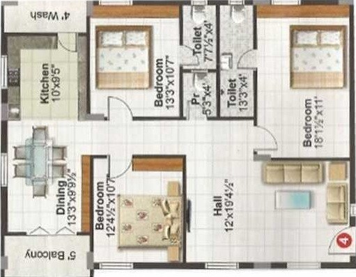 Floor plan of 3 BHK 1694 Sq. Ft. Apartment in Sriharsha Elite, Hyderabad