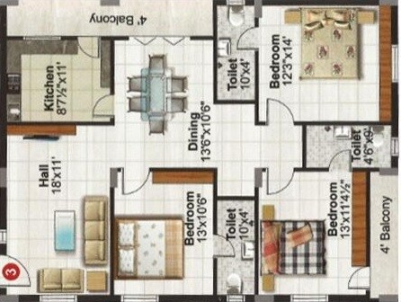 Floor plan of 3 BHK 1701 Sq. Ft. Apartment in Sriharsha Elite, Hyderabad