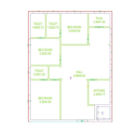 Floor plan of 3 BHK 1483 Sq. Ft. Apartment in Srinath Radhe Krishna Complex, Hyderabad