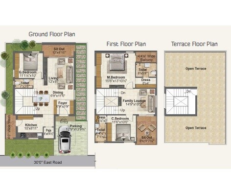 Floor plan of 3 BHK 2007 Sq. Ft. Villa in Srinidhi Hill Park, Hyderabad