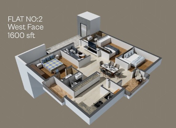 Floor plan of 3 BHK 1600 Sq. Ft. Apartment in Sristhira Urban Edge, Hyderabad