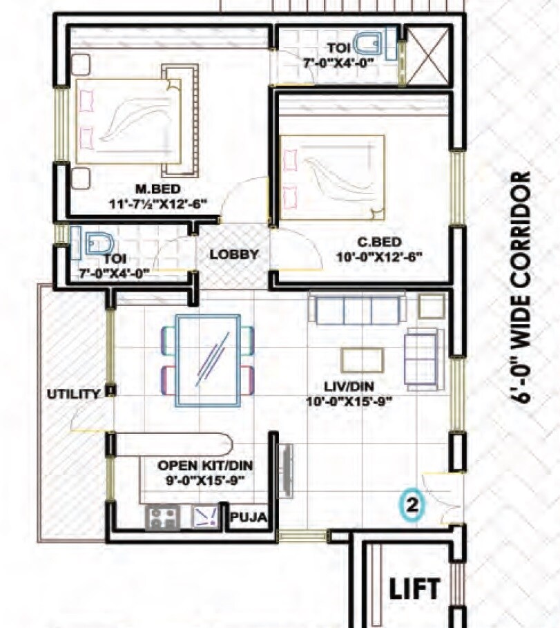 Floor plan of 2 BHK 1015 Sq. Ft. Apartment in SRK River Front Residency, Hyderabad