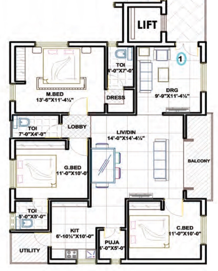 Floor plan of 3 BHK 1400 Sq. Ft. Apartment in SRK River Front Residency, Hyderabad