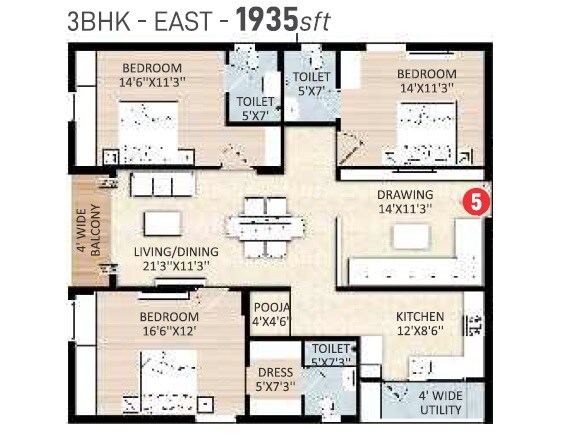 Floor plan of 3 BHK 1935 Sq. Ft. Apartment in SRR Sriram River View, Hyderabad
