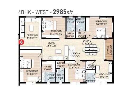 Floor plan of 4 BHK 2985 Sq. Ft. Apartment in SRR Sriram River View, Hyderabad