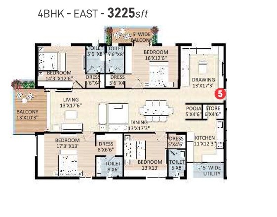 Floor plan of 4 BHK 3225 Sq. Ft. Apartment in SRR Sriram River View, Hyderabad