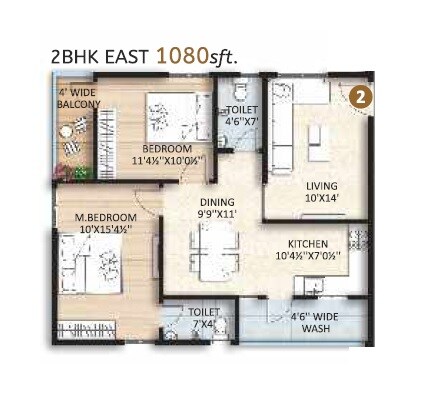 Floor plan of 2 BHK 1080 Sq. Ft. Apartment in SRR The Elites, Hyderabad