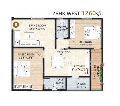 Floor plan of 2 BHK 1260 Sq. Ft. Apartment in SRR The Elites, Hyderabad