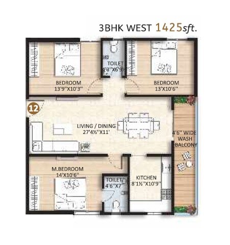 Floor plan of 3 BHK 1425 Sq. Ft. Apartment in SRR The Elites, Hyderabad