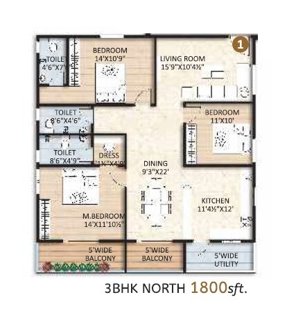 Floor plan of 3 BHK 1800 Sq. Ft. Apartment in SRR The Elites, Hyderabad