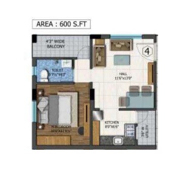 Floor plan of 1 BHK 600 Sq. Ft. Apartment in SS Aarka, Hyderabad
