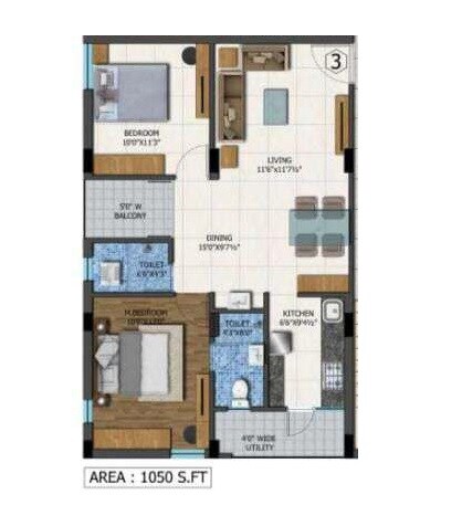 Floor plan of 2 BHK 1050 Sq. Ft. Apartment in SS Aarka, Hyderabad