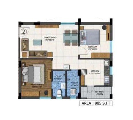 Floor plan of 2 BHK 985 Sq. Ft. Apartment in SS Aarka, Hyderabad