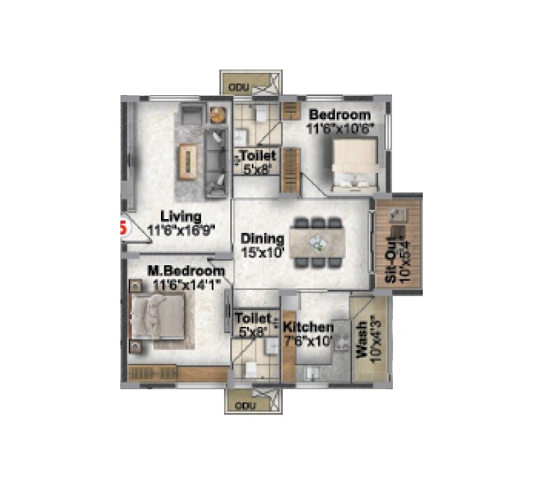 Floor plan of 2 BHK 1300 Sq. Ft. Apartment in SS Indraprastha, Hyderabad