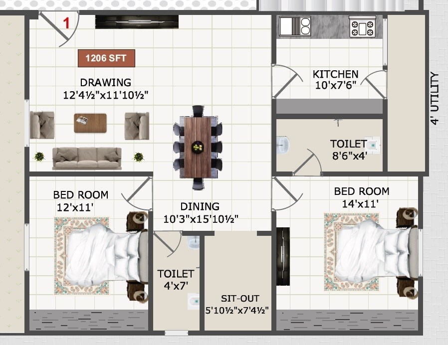 Floor plan of 3 BHK 1206 Sq. Ft. Apartment in SS Navya Legend, Hyderabad