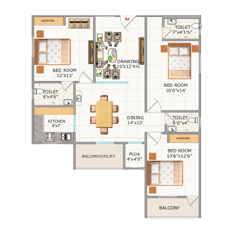 Floor plan of 3 BHK 1476 Sq. Ft. Apartment in SS Navya Lotus, Hyderabad