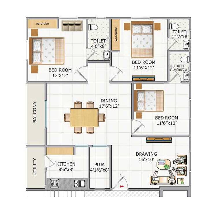 Floor plan of 3 BHK 1503 Sq. Ft. Apartment in SS Navya Lotus, Hyderabad