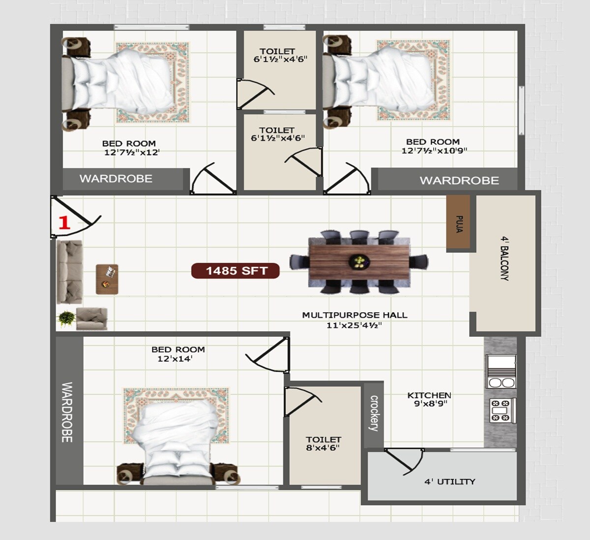 Floor plan of 3 BHK 1458 Sq. Ft. Apartment in SS Navya Pinnacle, Hyderabad